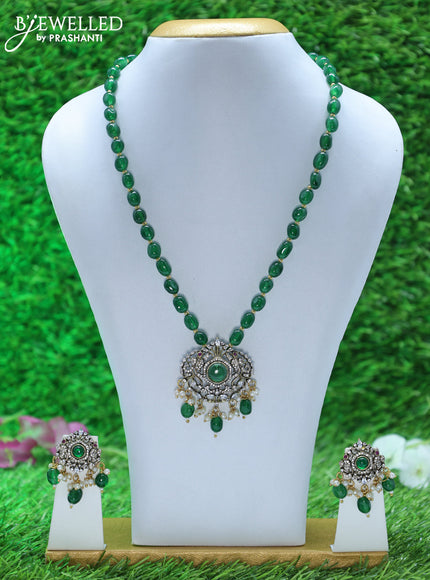 Beaded green necklace with emerald & cz stones and beads hangings in victorian finish