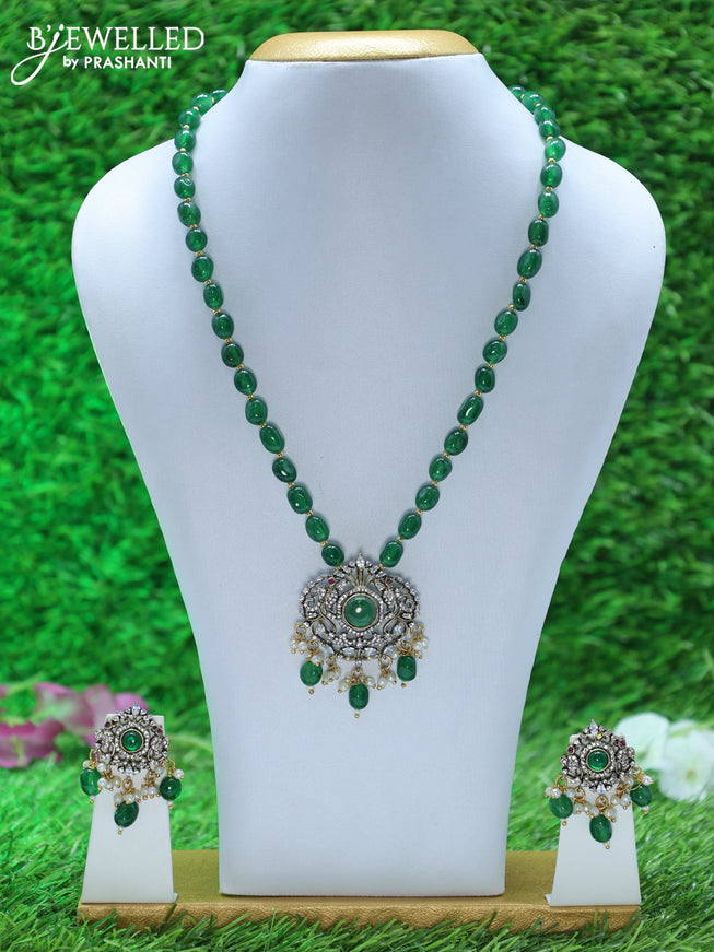 Beaded green necklace with emerald & cz stones and beads hangings in victorian finish