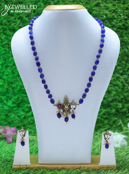 Beaded blue necklace with tirupati balaji pendant and beads hangings in victorian finish