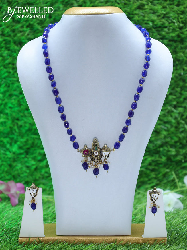 Beaded blue necklace with tirupati balaji pendant and beads hangings in victorian finish