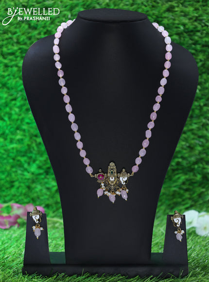 Beaded baby pink necklace with tirupati balaji pendant and beads hangings in victorian finish