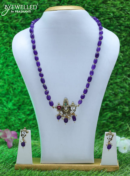 Beaded violet necklace with tirupati balaji pendant and beads hangings in victorian finish