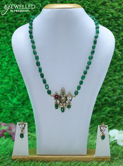 Beaded green necklace with tirupati balaji pendant and beads hangings in victorian finish