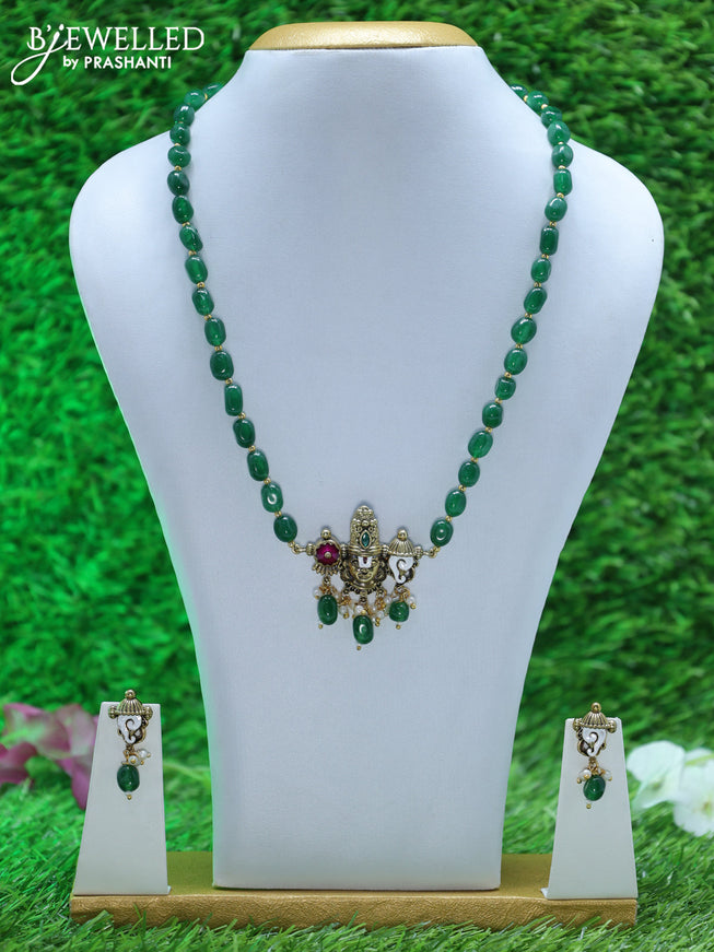 Beaded green necklace with tirupati balaji pendant and beads hangings in victorian finish