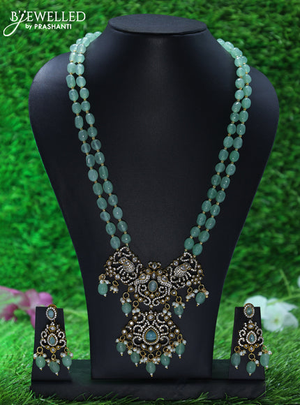 Beaded double layer mint green necklace elephant design with cz stones and beads hangings in victorian finish