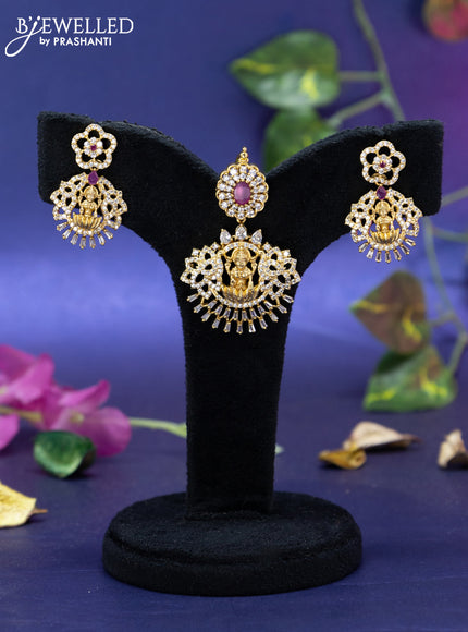 Antique pendant set lakshmi design with ruby & cz stones and pearl hangings