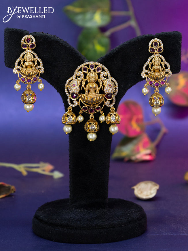 Antique pendant set lakshmi design with ruby & cz stones and pearl hangings