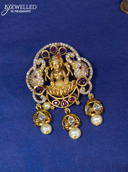 Antique pendant set lakshmi design with ruby & cz stones and pearl hangings