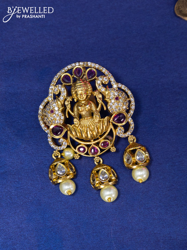 Antique pendant set lakshmi design with ruby & cz stones and pearl hangings