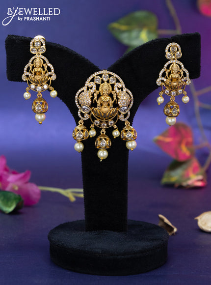 Antique pendant set lakshmi design with cz stones and pearl hangings