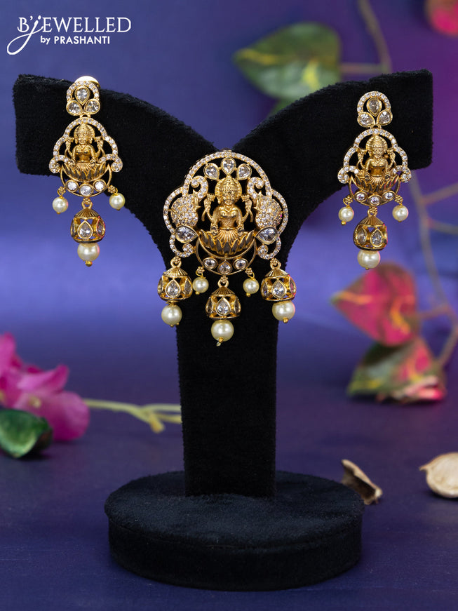 Antique pendant set lakshmi design with cz stones and pearl hangings