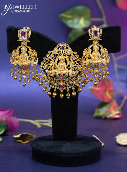 Antique pendant set lakshmi design with kemp & cz stones and golden beads hangings