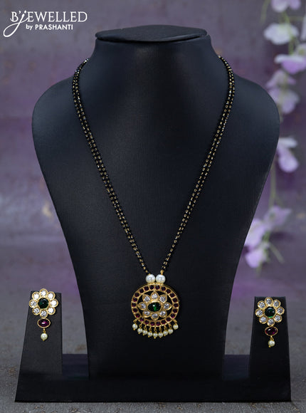 Mangalsutra double layer kemp & cz stones with floral pendant and pearl hangings