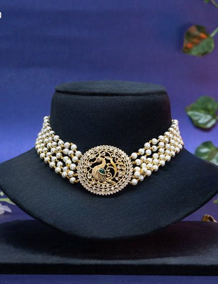 Pearl choker peacock design with kemp and cz stones