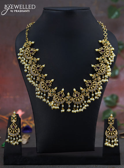 Antique Guttapusalu Necklace chandbali design with kemp & cz stones and pearl hangings