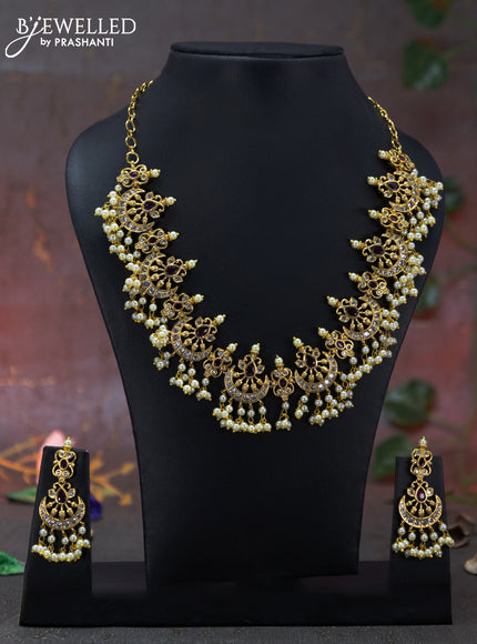 Antique Guttapusalu Necklace chandbali design with pink kemp & cz stones and pearl hangings