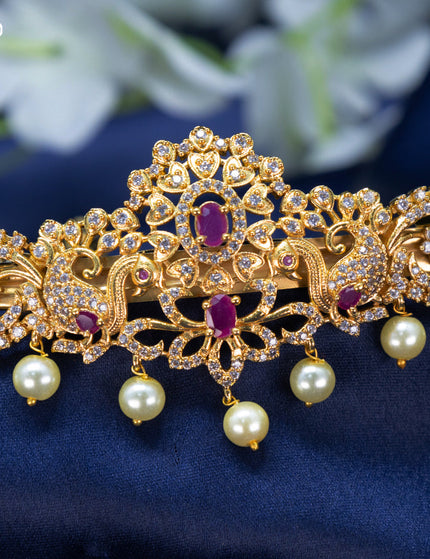 Antique Hair clip medium size peacock design with pink kemp & cz stones and pearl hangings