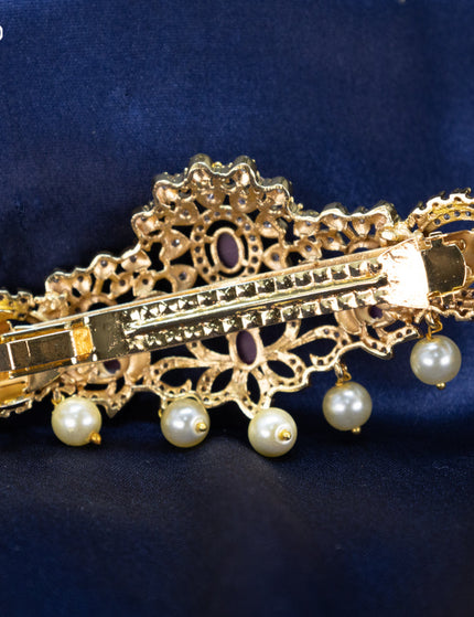 Antique Hair clip medium size peacock design with pink kemp & cz stones and pearl hangings