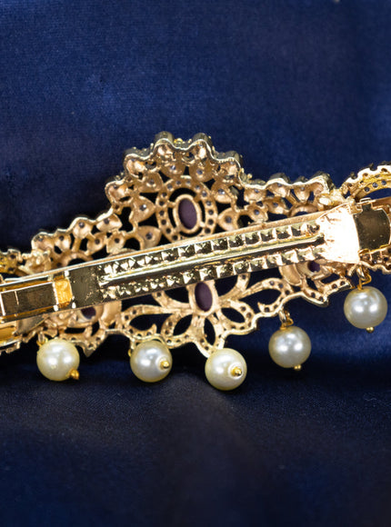 Antique Hair clip medium size peacock design with pink kemp & cz stones and pearl hangings