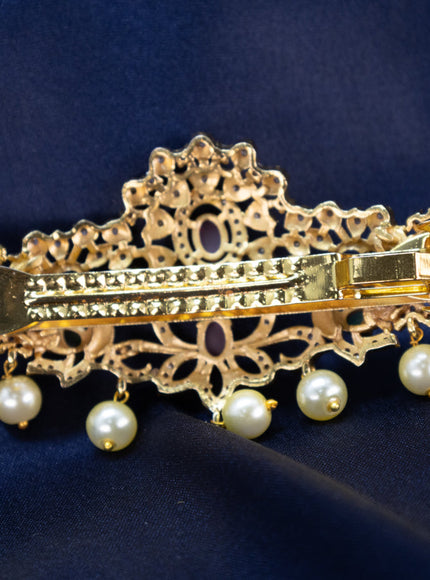 Antique Hair clip medium size peacock design with kemp & cz stones and pearl hangings