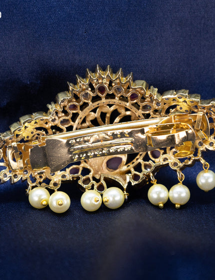 Antique Hair clip medium size peacock design with pink kemp & cz stones and pearl hangings