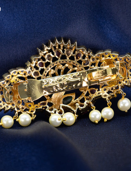 Antique Hair clip medium size peacock design with kemp & cz stones and pearl hangings