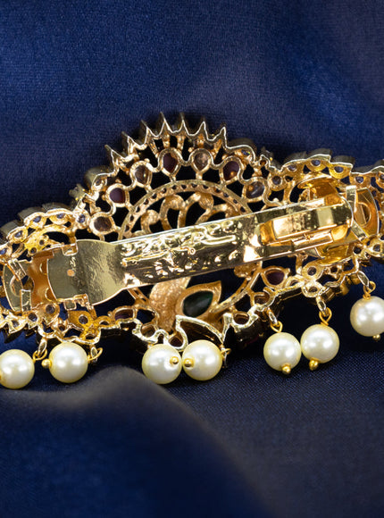 Antique Hair clip medium size peacock design with kemp & cz stones and pearl hangings