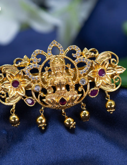 Antique Hair clip small size lakshmi design with pink kemp & cz stones and golden beads hangings