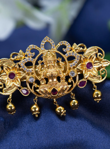 Antique Hair clip small size lakshmi design with pink kemp & cz stones and golden beads hangings