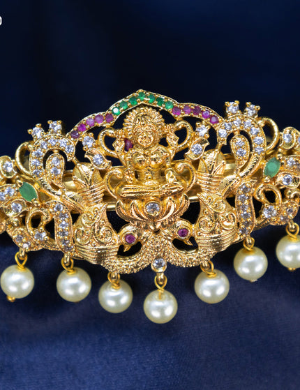 Antique Hair clip small size lakshmi design with kemp & cz stones annd pearl hangings