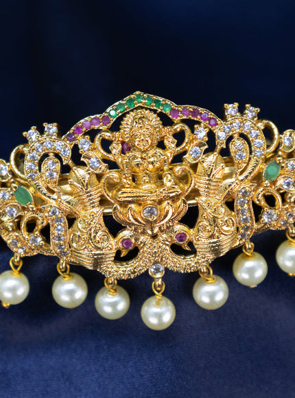 Antique Hair clip small size lakshmi design with kemp & cz stones annd pearl hangings