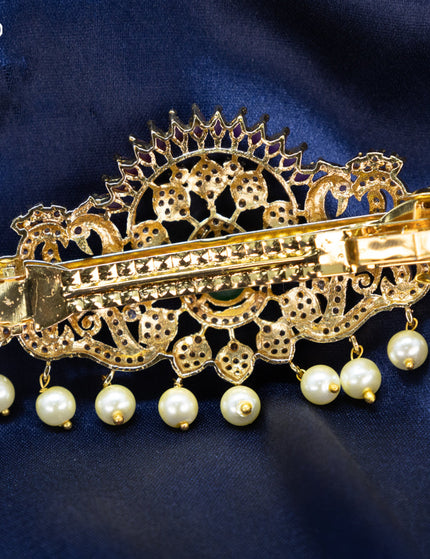 Antique Hair clip big size peacock design with kemp & cz stones and pearl hangings