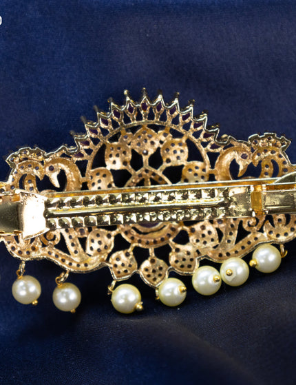 Antique Hair clip big size peacock design with pink kemp & cz stones and pearl hangings