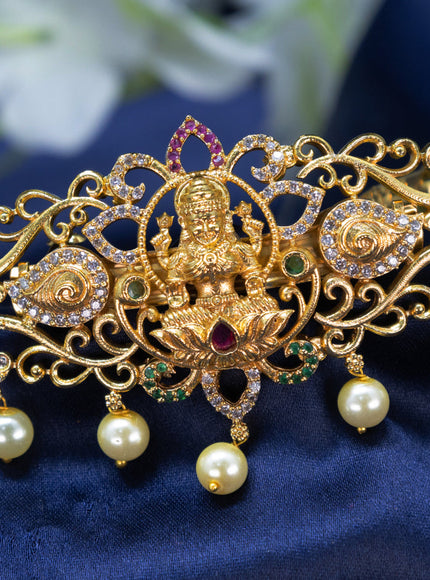 Antique Hair clip medium size lakshmi design with kemp & cz stones annd pearl hangings