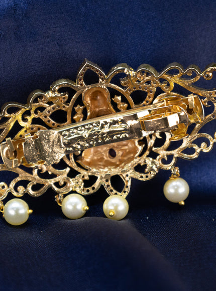 Antique Hair clip medium size lakshmi design with kemp & cz stones annd pearl hangings