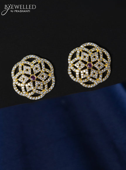 Zircon earrings floral design with ruby and cz stones in gold finish