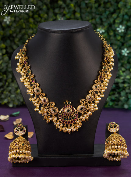 Antique guttapusalu necklace manga & chandbali design with kemp & cz stones and pearl hangings