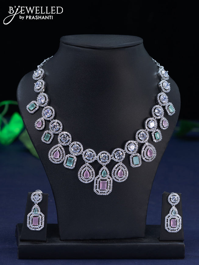 Zircon necklace with mint green & baby pink and cz stones