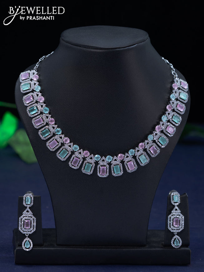 Zircon necklace with mint green & baby pink and cz stones