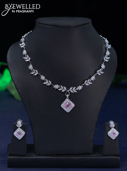 Zircon necklace leaf design with baby pink and cz stones