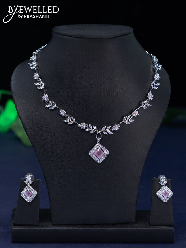 Zircon necklace leaf design with baby pink and cz stones