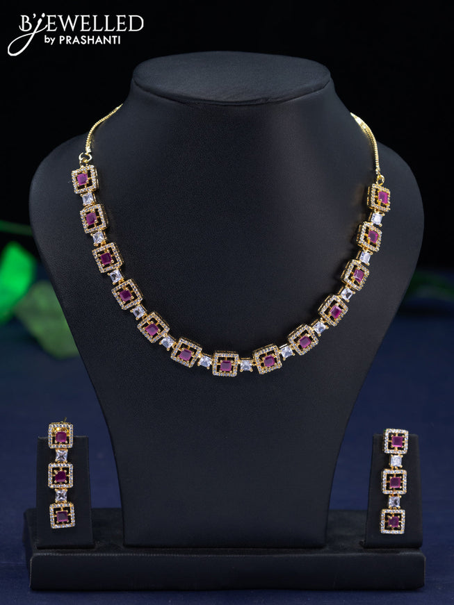 Zircon necklace with ruby and cz stones in gold finish