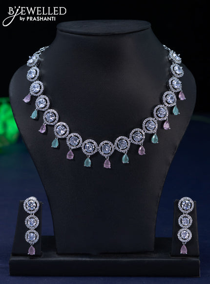 Zircon necklace with baby pink & mint green and cz stones