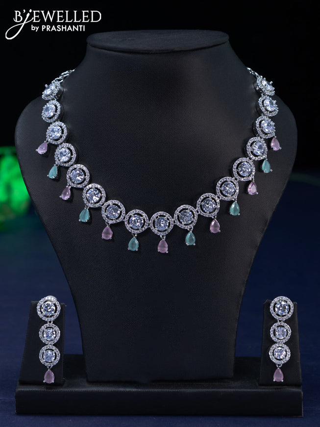 Zircon necklace with baby pink & mint green and cz stones