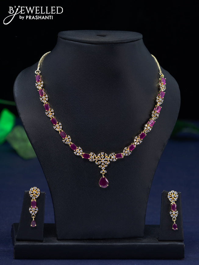 Zircon necklace with ruby and cz stones in gold finish