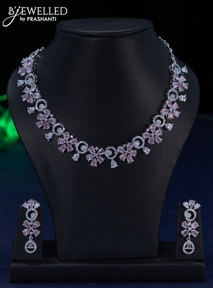 Zircon necklace floral design with baby pink and cz stones