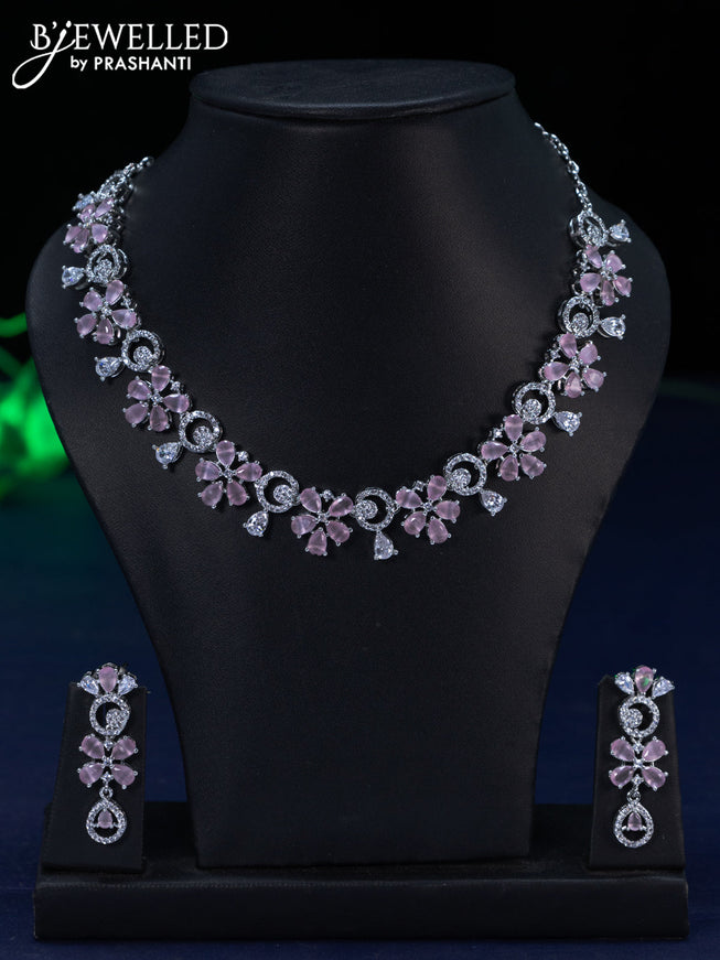 Zircon necklace floral design with baby pink and cz stones