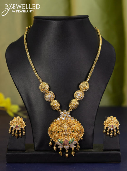 Antique necklace lakshmi design with kemp & cz stones and golden beads hangings