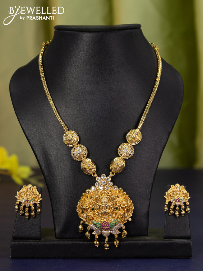 Antique necklace lakshmi design with kemp & cz stones and golden beads hangings