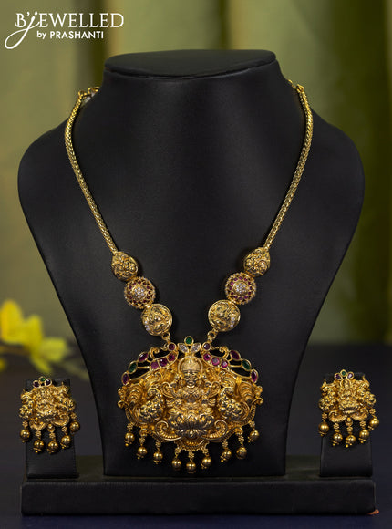 Antique necklace lakshmi design with kemp & cz stones and golden beads hangings